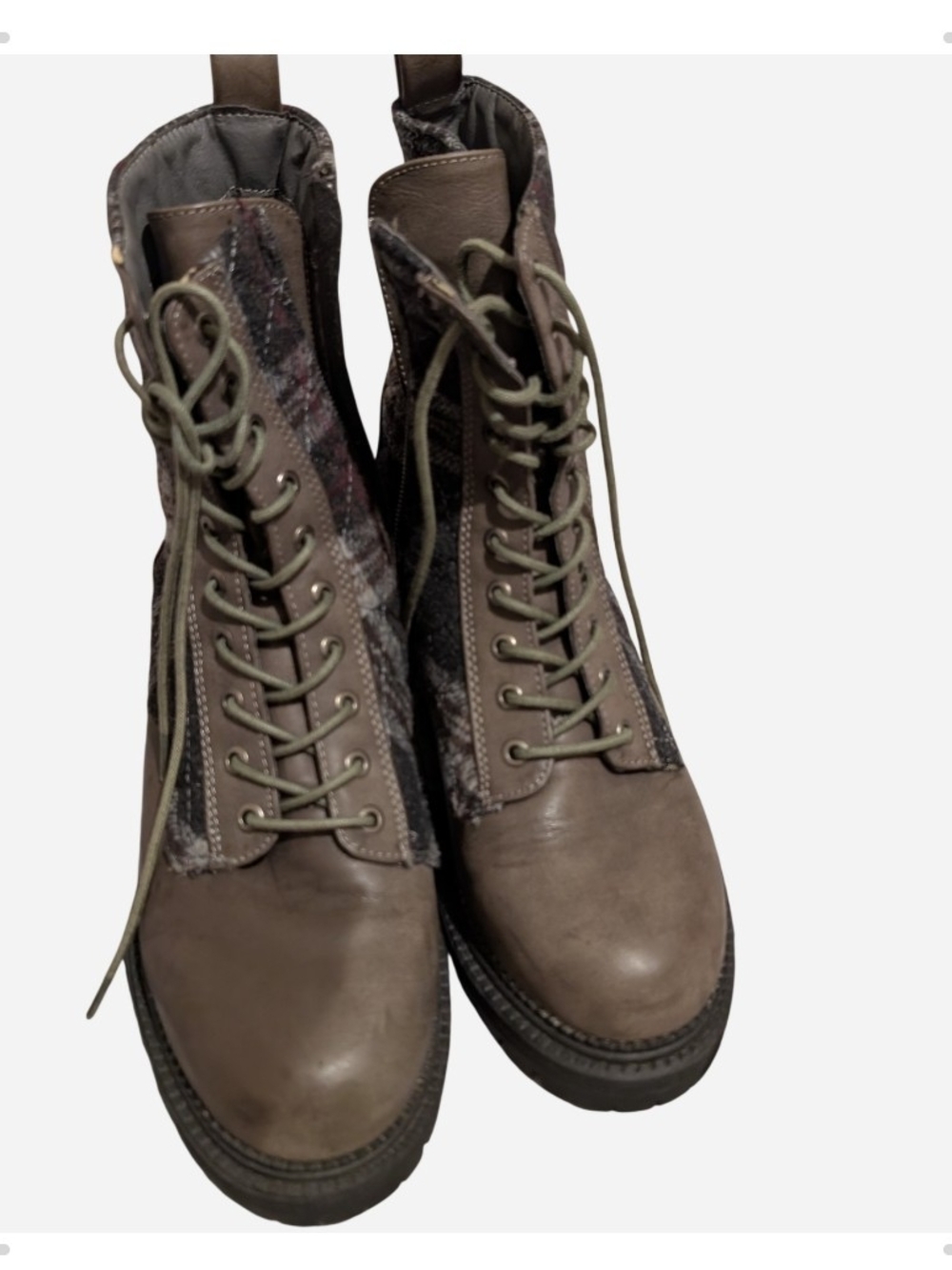 Pre-owned Rock & Candy Men's Taupe Lace-Up Leather & Fabric Boots